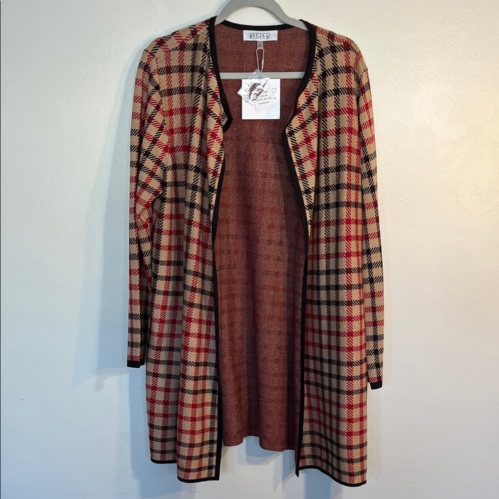 Kasper Red and Black Open Front Cardigan